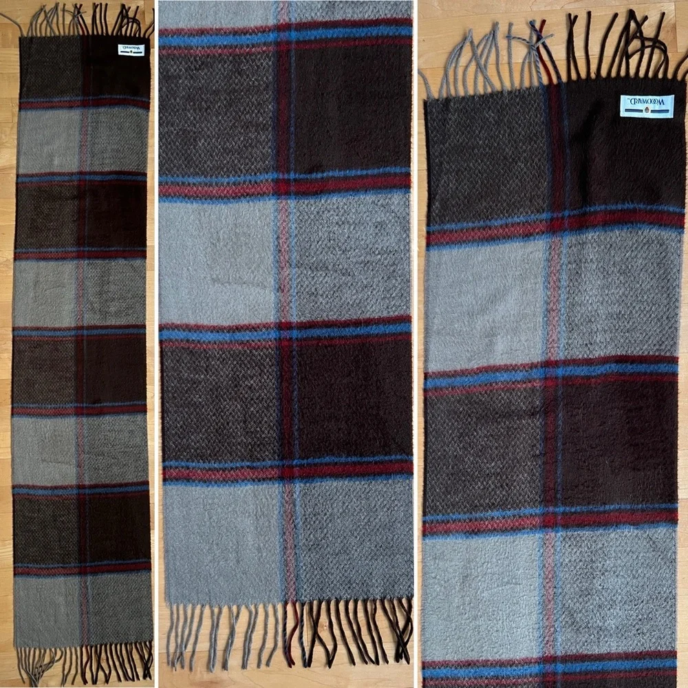 🐑Woodward Plaid Cashmere Wool Fringed Scarf | Taupe Brown Blue + Red